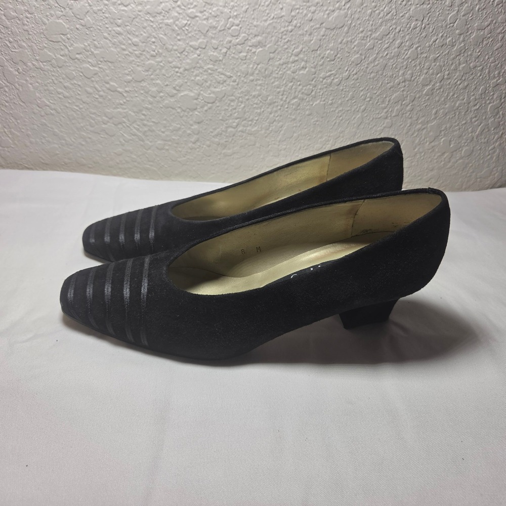 Pappagallo Black Suede Striped Toe Kitten Heel Pumps Shoes Womens 8 M
